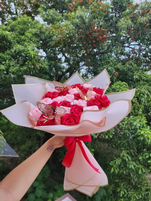 Handmade Satin Double Colour Roses with Golden Paper Butterflies