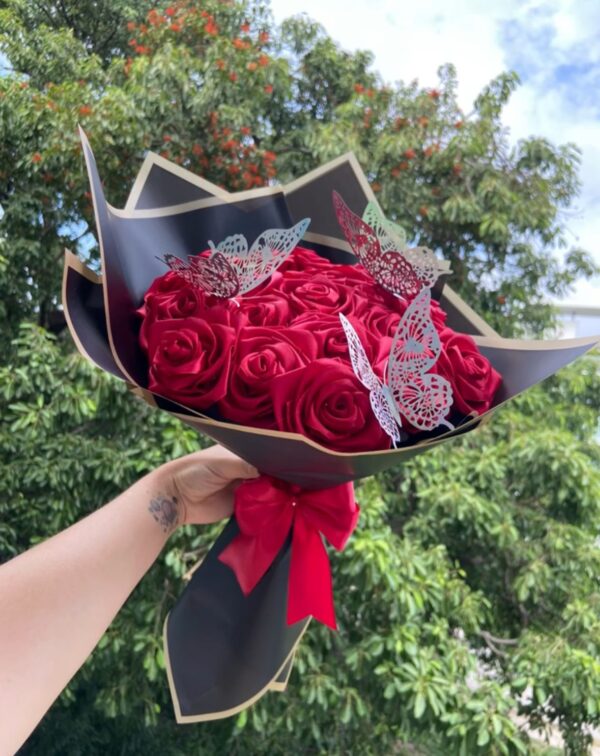 Handmade Satin Roses with Golden Paper Butterflies – A Touch of Elegance